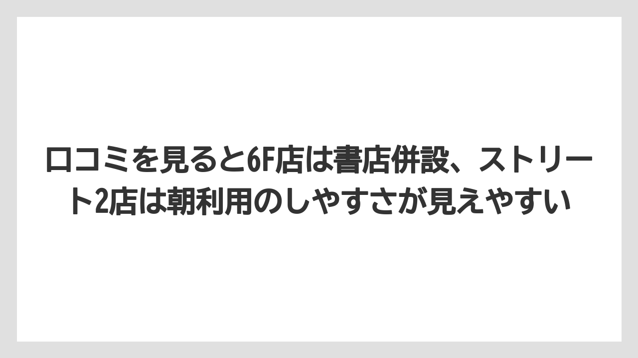 【コーヒー】【珈琲】【豆】口コミを見ると6F店は書店併設、ストリート2店は朝利用のしやすさが見えやすい